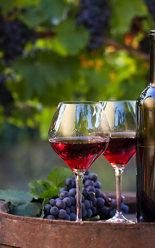 Two glasses of red wine and bottle in the vineyard